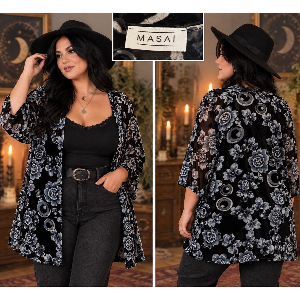 Masai Black/Gray Floral Burnout Velvet Open Front Kimono Cadigan 3/4 Slv Size XL